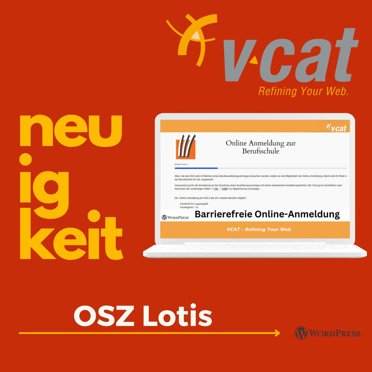 VCATconsulting's tweet image. Wir haben die Online-Anmeldung für das OSZ Lotis in Berlin auf eine neue, barrierefreie WordPress-Lösung umgestellt! Mit einem benutzerfreundlichen Formular und smarten Funktionen wird der Anmeldeprozess für alle Azubis einfacher. Mehr dazu im Beitrag!➡️vcat.de/aktuelles-zu-t…