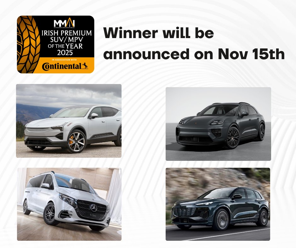 The contenders for Irish Premium SUV/MPV of the Year include the <a href="/audiireland/">Audi Ireland</a> Q6 e-tron, Polestar 3, <a href="/porschedublin/">PORSCHE DUBLIN</a> Macan, and <a href="/MercedesBenzIre/">Mercedes-Benz Cars Ireland</a> V-Class. #IrishCOTY2025
