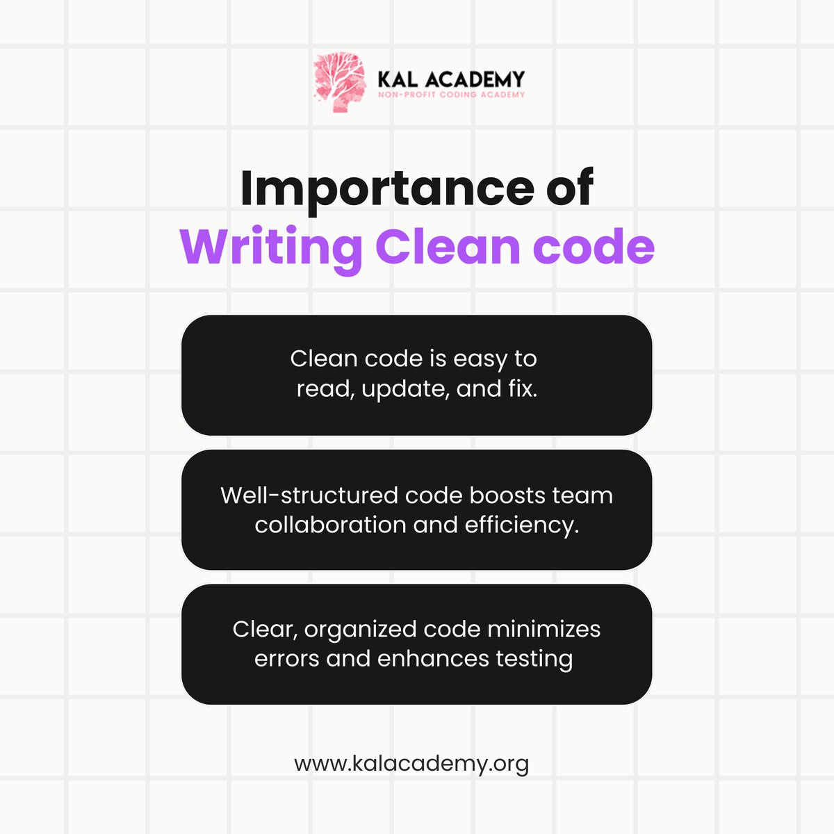 KalAcademy's tweet image. Clean Code, Clear Results! ๐ป
Clean code isnโt just more accessible to the eyes; itโs the foundation for efficient, error-free projects.
๐:kalacademy.org
#cleancode #codingessentials #kalacademy #techskills #programmingtips #codebetter #learncoding #developerlife