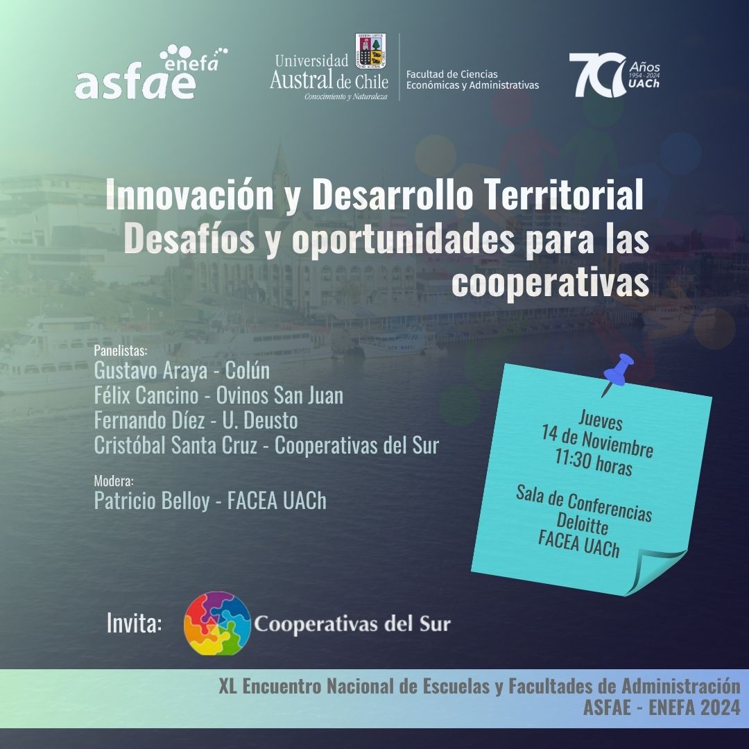 faceauach's tweet photo. A las 11:30 comienza nuestro panel de Cooperativismo, junto a Cooperativas del Sur A.G. Les esperamos en la Sala Deloitte de FACEA @UAustraldeChile 
#ENEFA #ASFAE https://t.co/67ZopMvyVX