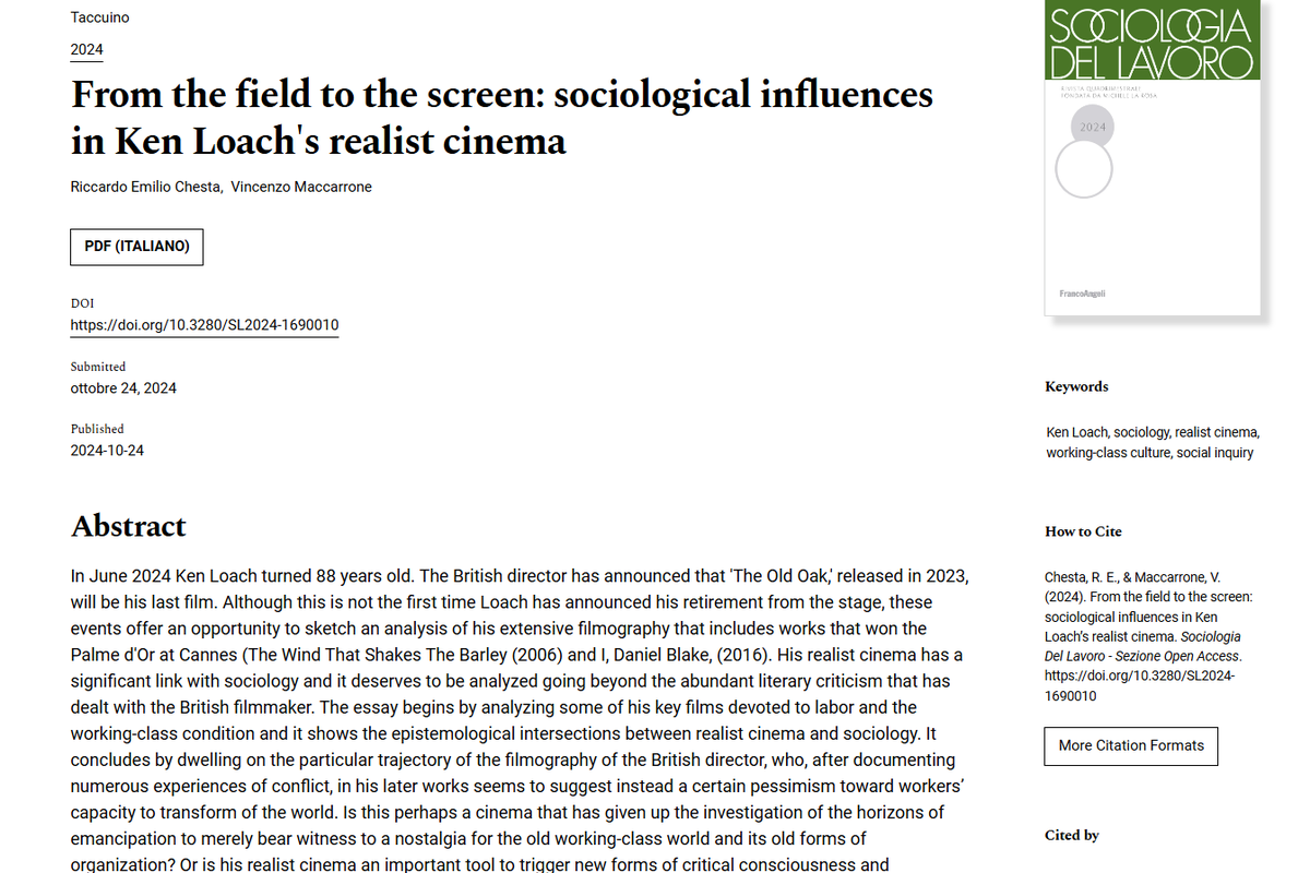 📽️Cinema is a great passion of mine, so I was happy that <a href="/Rivista_SdL/">Sociologia del Lavoro</a> asked <a href="/ChestaEmilio/">Riccardo Emilio Chesta</a> and me to write the first piece for their new section Taccuino. We focus on a legend, <a href="/KenLoachSixteen/">Ken Loach & Sixteen Films</a>, and the relationship between his cinema and sociology of work
journals.francoangeli.it/index.php/sloa…