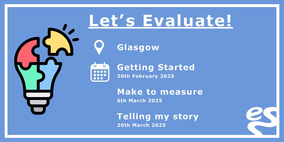 Evaluation Support Scotland (@evalsupscot) on Twitter photo Join us for our first in-person round of āLetās Evaluate!ā of 2025! š
On our 3-part programme you will learn from our trainers, participate in exercises, and apply your learning to your own work!
Book now to begin your evaluation journey!ā”ševaluationsupportscotland.org.uk/event-series/l⦠Join us for our first in-person round of āLetās Evaluate!ā of 2025! š
On our 3-part programme you will learn from our trainers, participate in exercises, and apply your learning to your own work!
Book now to begin your evaluation journey!ā”ševaluationsupportscotland.org.uk/event-series/lā¦