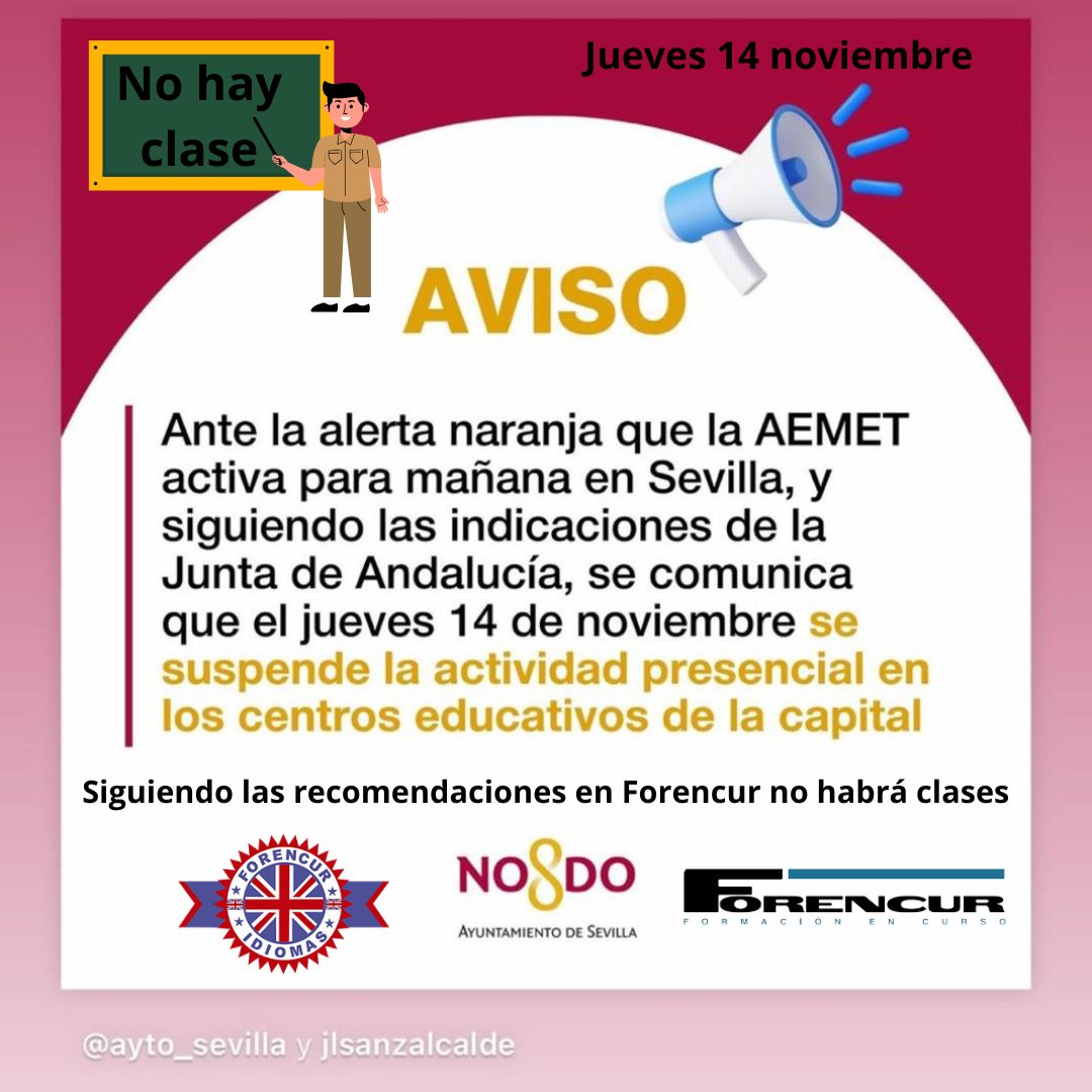 Forencur's tweet photo. Se suspenden las clases día 14 de noviembre
☎️ 955296604
@forencur #forencur #metodoforencur #Dana #ClasesPresenciales #clasesonline #ingles #inglesA2 #InglesB1 #inglesB2  #extraescolares #apoyoescolar #Sevilla #parquealcosa #SevillaEste #JardinesDelEden 
https://t.co/gkSjPX160w https://t.co/rclxg3hce6