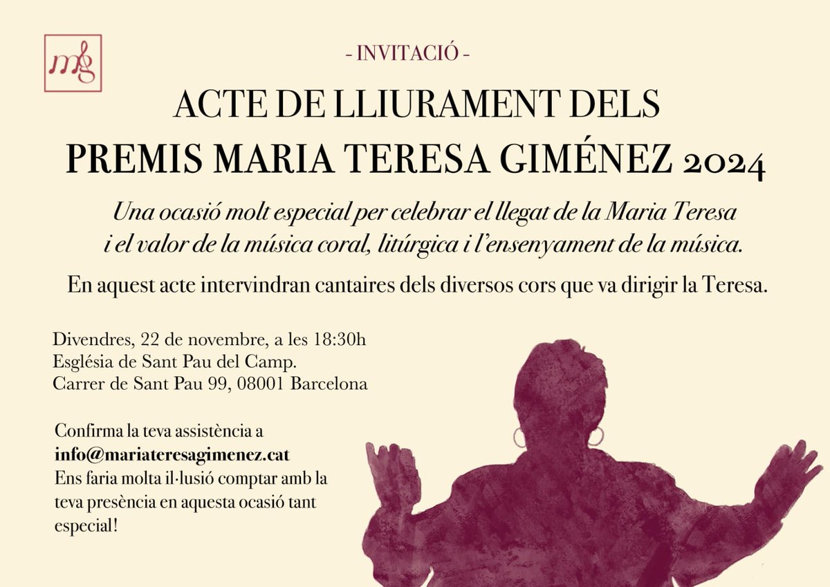 Cor Llevant (@corllevant) on Twitter photo Lliurament premis Maria Teresa Giménez 2024.
Divendres 22 de Novembre a 2/4 de 7 a l'Església de Sant Pau del Camp.
<a href="/cormadrigal/">Cor Madrigal</a> @CantaGran <a href="/CoralShalomCat/">Coral Shalom</a> <a href="/coralsinfantils/">Secretariat de Corals Infantils de Catalunya</a> #CoralConservatiorideSantCugat #MariaTeresaGamisans #EscolaMusicant #AssumpcióMalagarriga. 💛💛💛💛💛 Lliurament premis Maria Teresa Giménez 2024.
Divendres 22 de Novembre a 2/4 de 7 a l'Església de Sant Pau del Camp.
<a href="/cormadrigal/">Cor Madrigal</a> @CantaGran <a href="/CoralShalomCat/">Coral Shalom</a> <a href="/coralsinfantils/">Secretariat de Corals Infantils de Catalunya</a> #CoralConservatiorideSantCugat #MariaTeresaGamisans #EscolaMusicant #AssumpcióMalagarriga. 💛💛💛💛💛