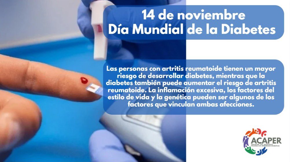 Las personas con artritis reumatoide tienen un mayor riesgo de desarrollar diabetes, mientras que la diabetes también puede aumentar el riesgo de artritis reumatoide. 
#diamundialdeladiabetes #somosacaper