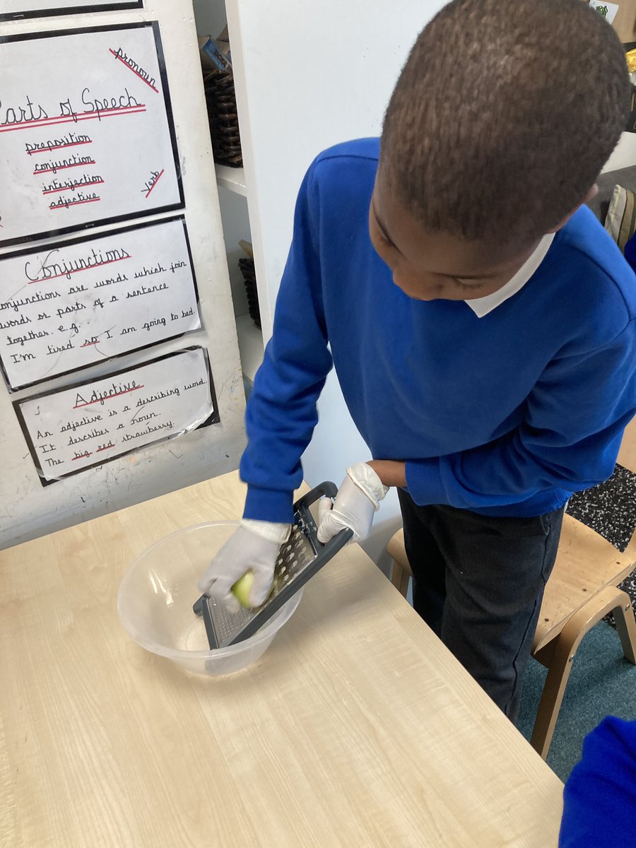 Year 6 have started prepping the ingredients for their food fortnight outcome of potato pancakes by grating onions. They were so proud of their work, there wasn’t a dry eye in sight… 🧅😭 <a href="/foxfield/">FoxfieldPrimary</a> #FoodFortnight