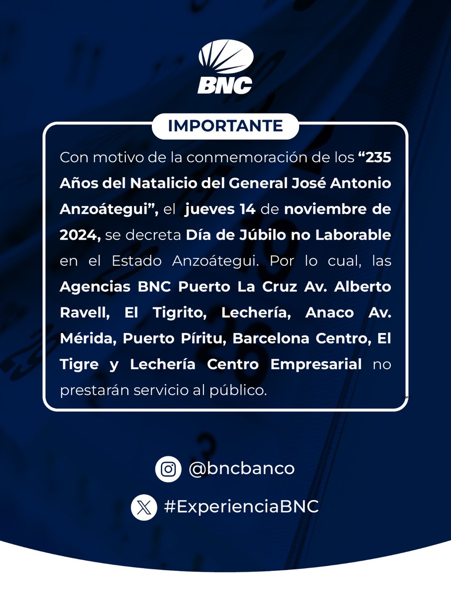 bncbanco_'s tweet photo. ⚠️Aviso importante ⚠️                                                                                                          Las siguientes Agencias BNC no prestarán servicios el día jueves 14 de noviembre. https://t.co/zYcStu9JXt