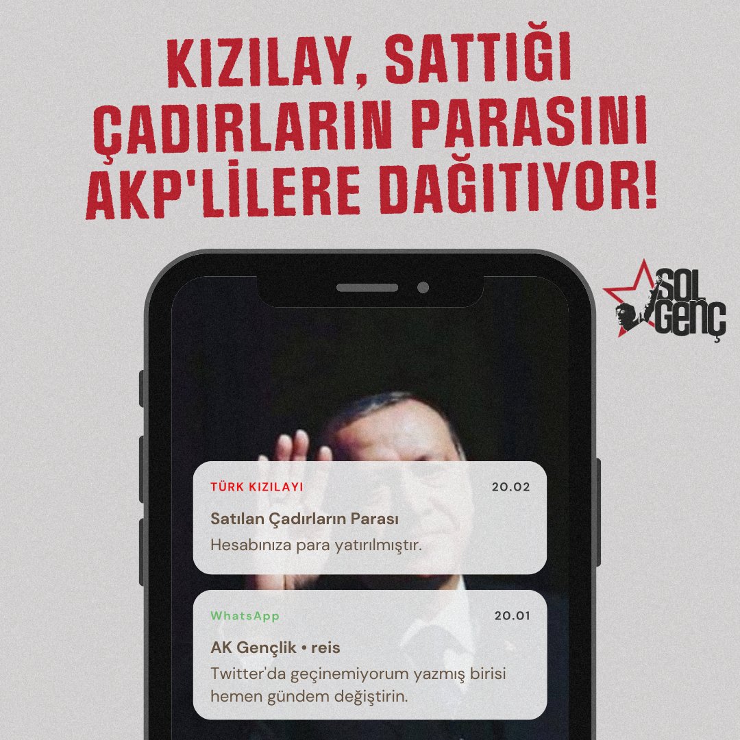 AKP Gençlik Kolları üyelerine ve yöneticilerine Kızılay tarafından para aktarıldığı ortaya çıktı.

Sözde kamu yararına hizmet ettiğini iddia edenler, kaynaklarını yandaşlarına ve AKP’nin emrine sunuyor.

Haklarımıza göz dikmiş ve gençleri yoksulluğa sürükleyen bu örgütlü