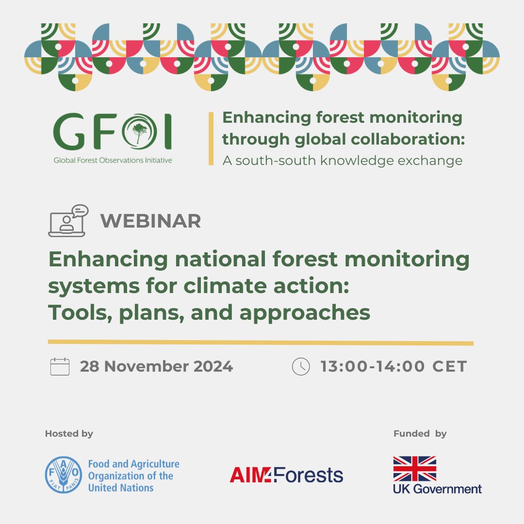 📊Join us for the upcoming webinar on the latest tools and methodologies for effective gap assessments by #GFOI partner <a href="/FAO/">Food and Agriculture Organization</a> for the #AIM4Forests programme!

🗓 28 November 2024
🕒 13:00-14:00 CET
📍 Online

🔗 Register now to secure your spot: fao.zoom.us/webinar/regist…