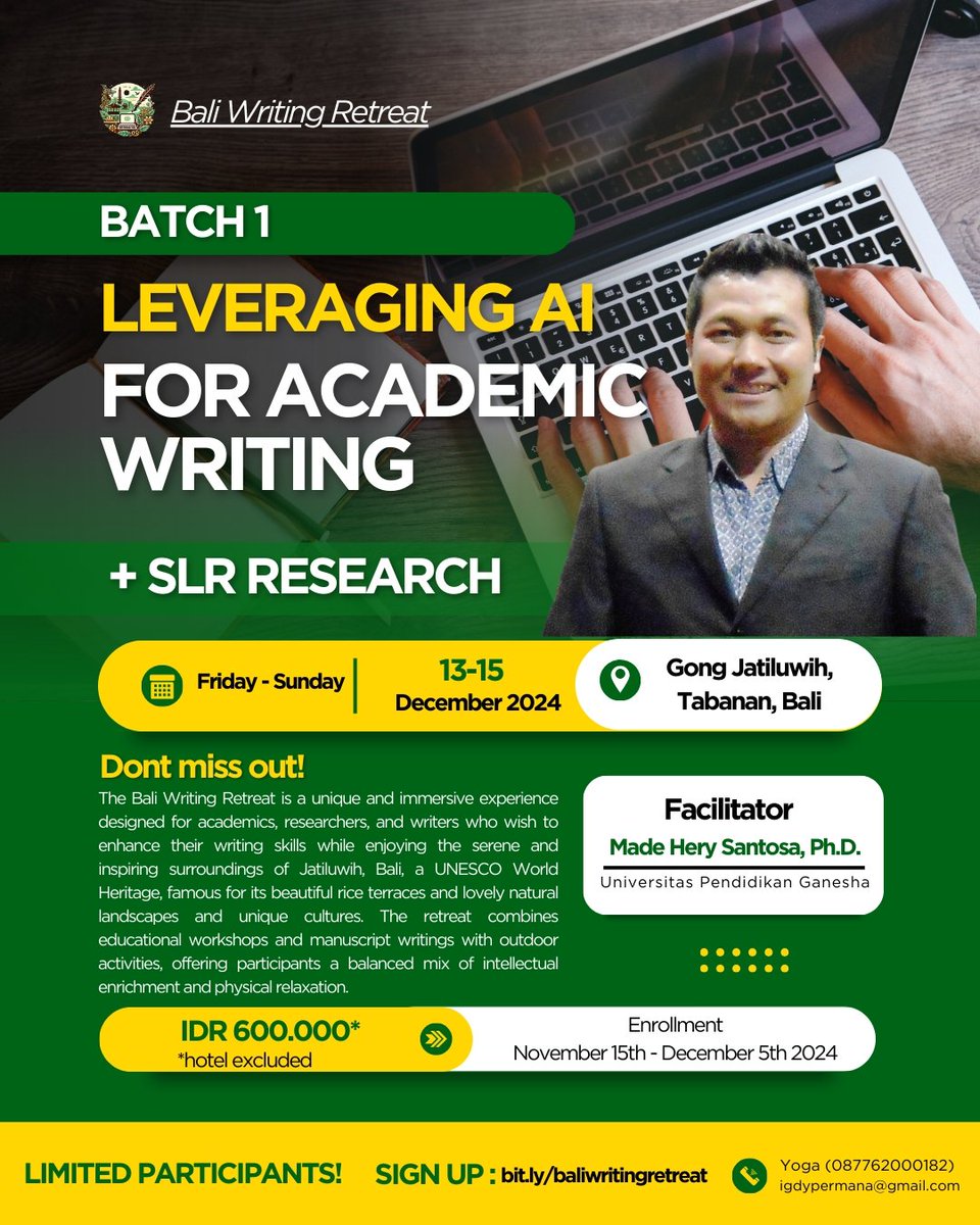 mhsantosa's tweet image. Bali Writing Retreat Batch 1

Write and submit your manuscripts while enjoying the beauty of Bali 😍🤗

#shutupandwrite #article #articlewriting #submitnow #artificialintelligence #research #researchpaper #ResearchScholar #researchwriting