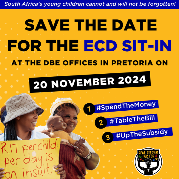 LRCSouthAfrica's tweet photo. Join us in Pretoria on 20 Nov, 09:00am-12:30pm with @EcdReform, for a sit-in outside the Dept of Basic Education! We demand urgent action for ECD funding, reform, &amp; fair support. Our children &amp; ECD practitioners deserve better. Stand with us this #WorldChildrensDay! #ECDRights https://t.co/4UbZZKlQsk