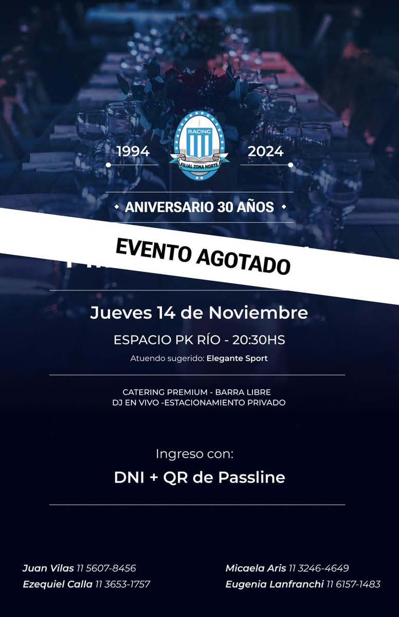 RacingClubFZN's tweet photo. ¡UNA VEZ MAS ZONA NORTE HACIENDO HISTORIA!

En el marco de nuestra fiesta para conmemorar nuestro 30° aniversario, tenemos el agrado de informar que estan AGOTADAS las entradas para el evento de hoy.

¡GRACIAS Y QUE HOY SEA UNA FIESTA!

#FilialZonaNorte
#RacingClub https://t.co/ZFF8MSdWjX