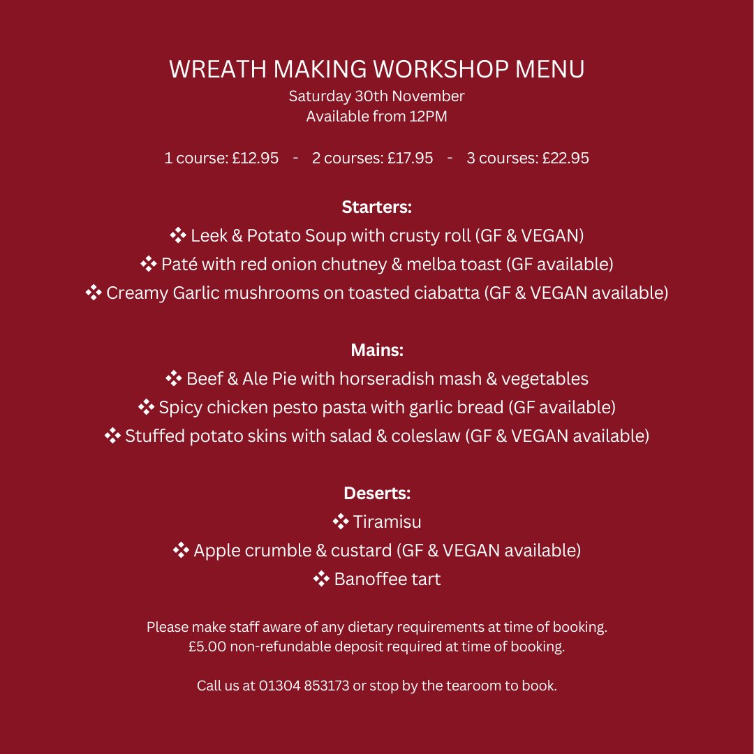 🌿Feeling festive already?🌿 Join us for a cozy afternoon of #naturalwreath making with materials fresh from our gardens this month! Create a beautiful wreath to take home and unwind with a bit of holiday crafting. Limited spaces—call 01304 853173 or visit the tearoom to book.