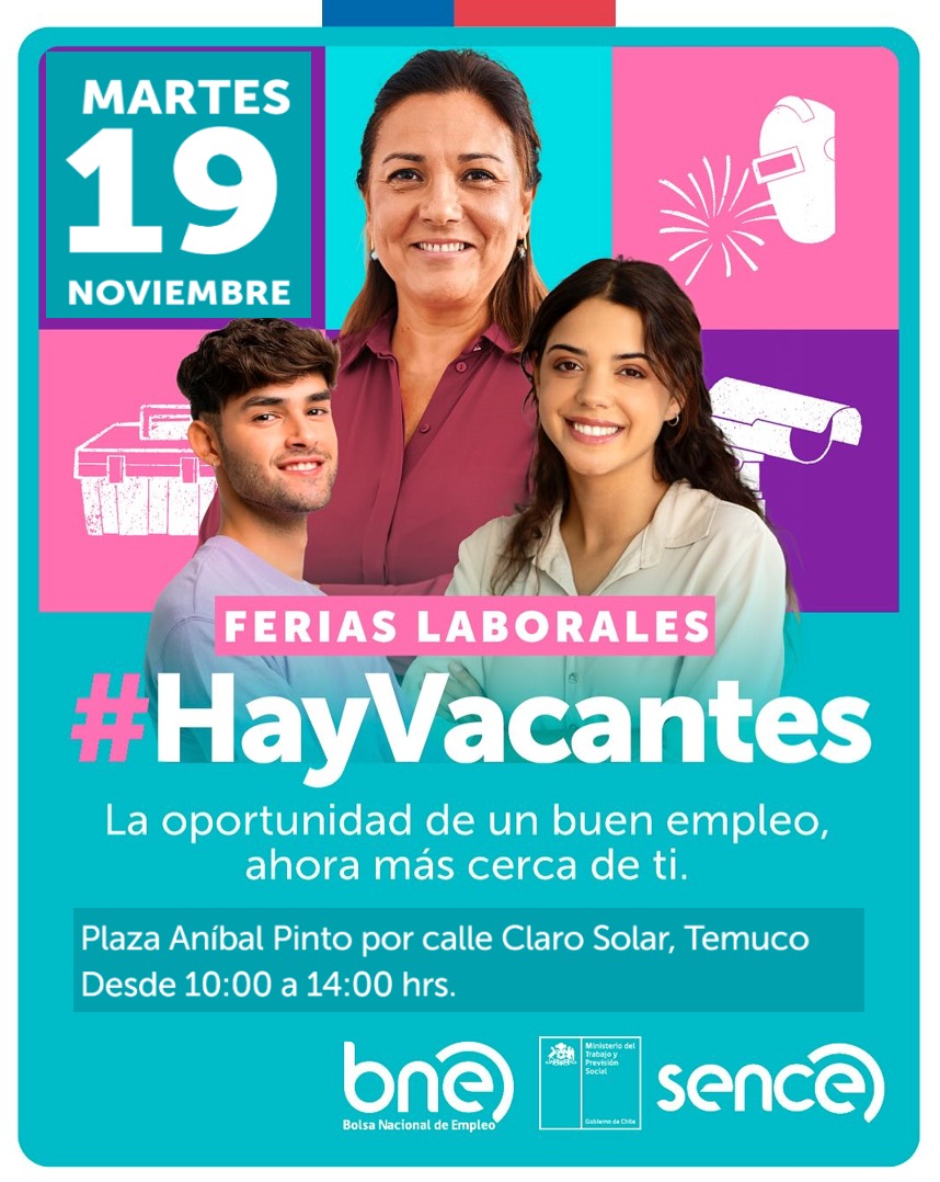 En las Ferias Laborales del SENCE, ¡Hay Vacantes!
Te esperamos HOY  jueves 14 de noviembre desde las 10:00 hasta las 18:00 horas en nuestro stand en la Plaza Aníbal Pinto de Temuco, para que te pre-inscribas en la Feria Laboral.
Infórmate en sence.cl