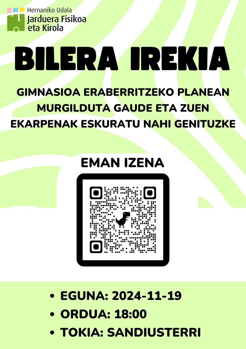 HKirola's tweet photo. Gimnasioa eraberritzeko prozesua abian jartzeko asmoa dugu eta bertako erabiltzaileen iritziak eta ekarpenak bildu nahi ditugu bilera irekian: 

📆Azaroak 19, 18:00etan, Sandiusterrin

Izena eman: https://t.co/xE6mLyK31O https://t.co/V5fsYdkr3C