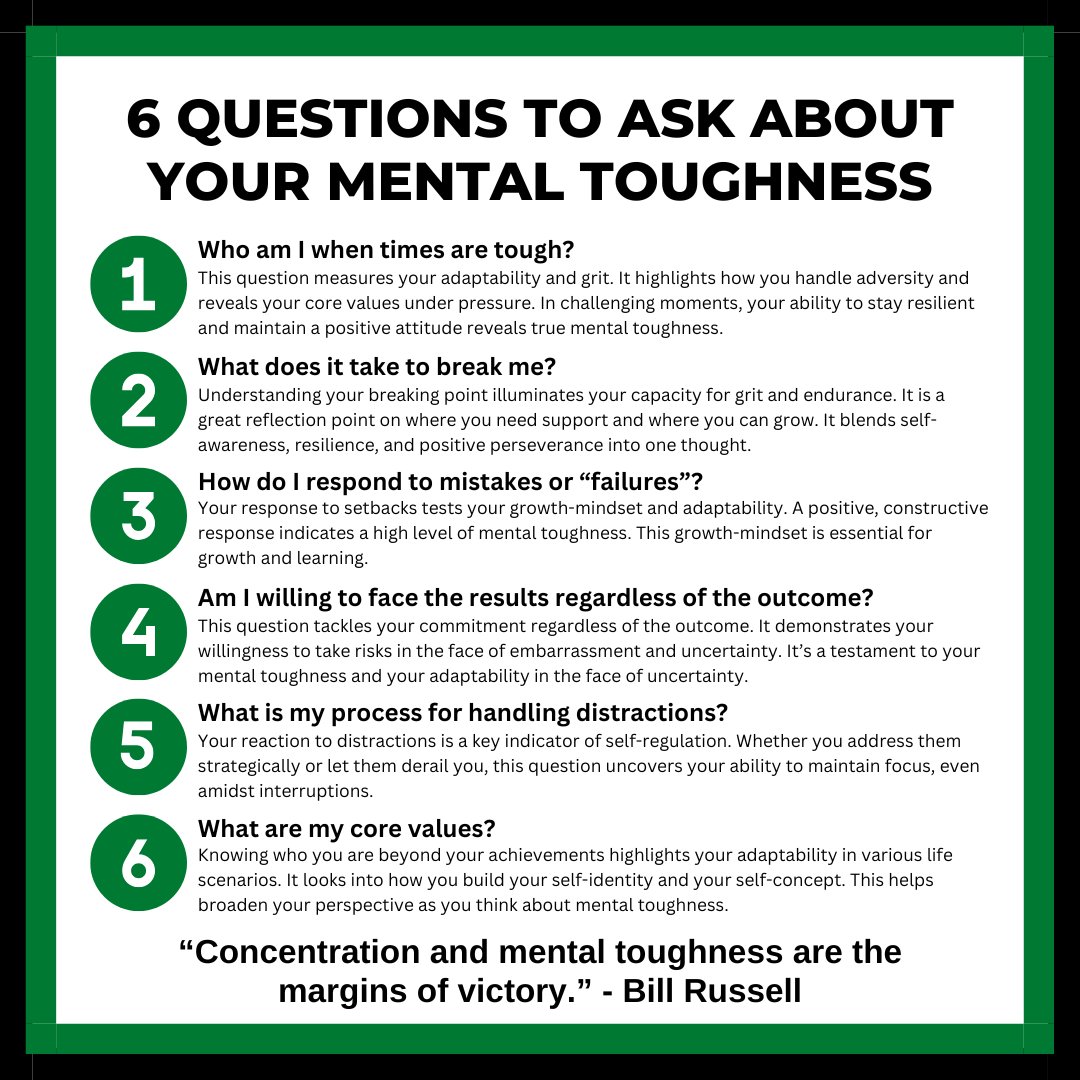 Bill Russell said, "Concentration and mental toughness are the margins of victory."

Mental toughness requires endurance and a willingness to stretch yourself.
• It means self-awareness.
• It means emotional regulation.

What to ask about your mental toughness👇