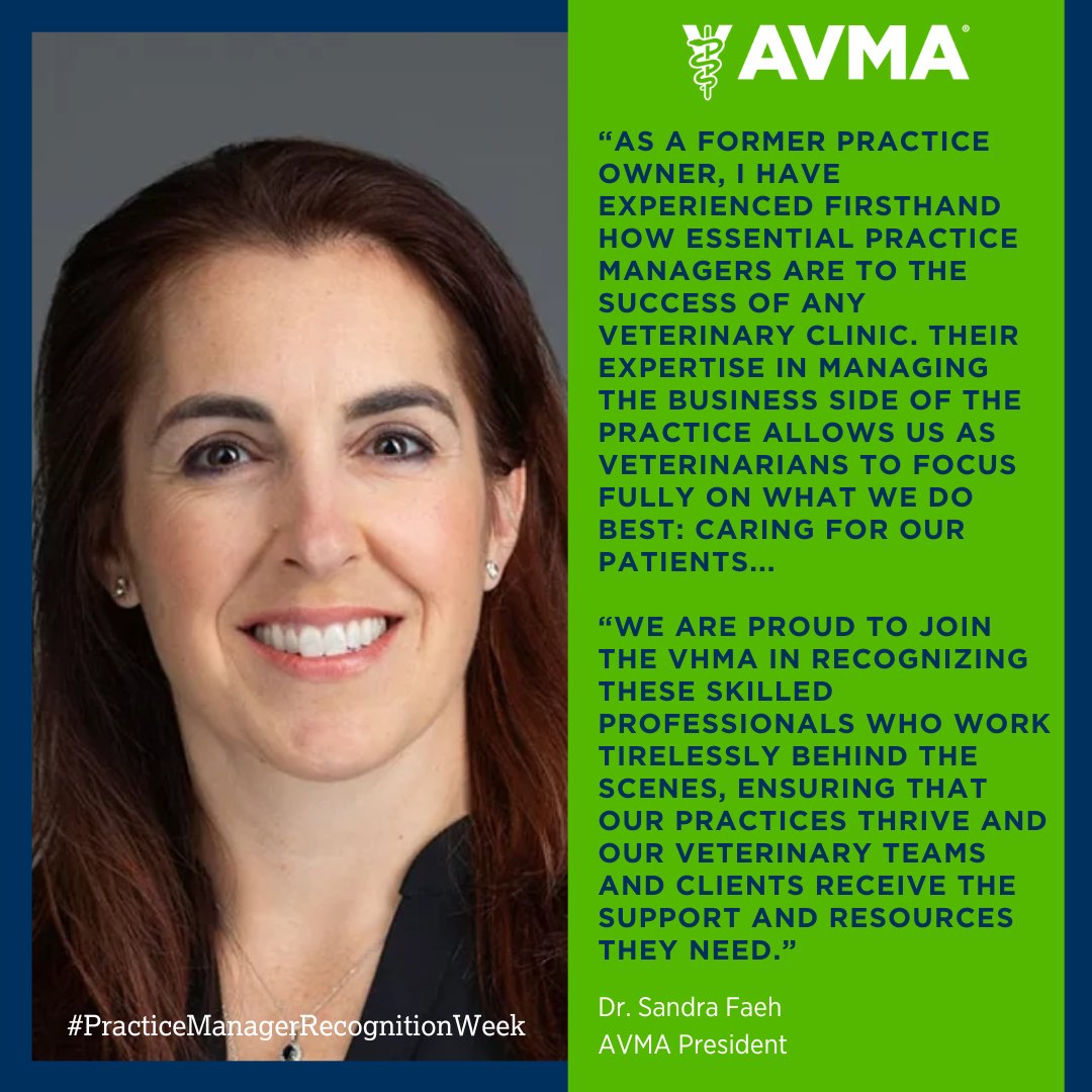 AVMAvets's tweet photo. As we continue to celebrate #PracticeManagerRecognitionWeek, AVMA President Dr. Sandra Faeh shared the integral role a practice manager plays within a veterinary practice.
Here are 5 ways Practice Managers contribute to creating a thriving culture: https://t.co/S19Mew82hy https://t.co/RnqGJDebQ0