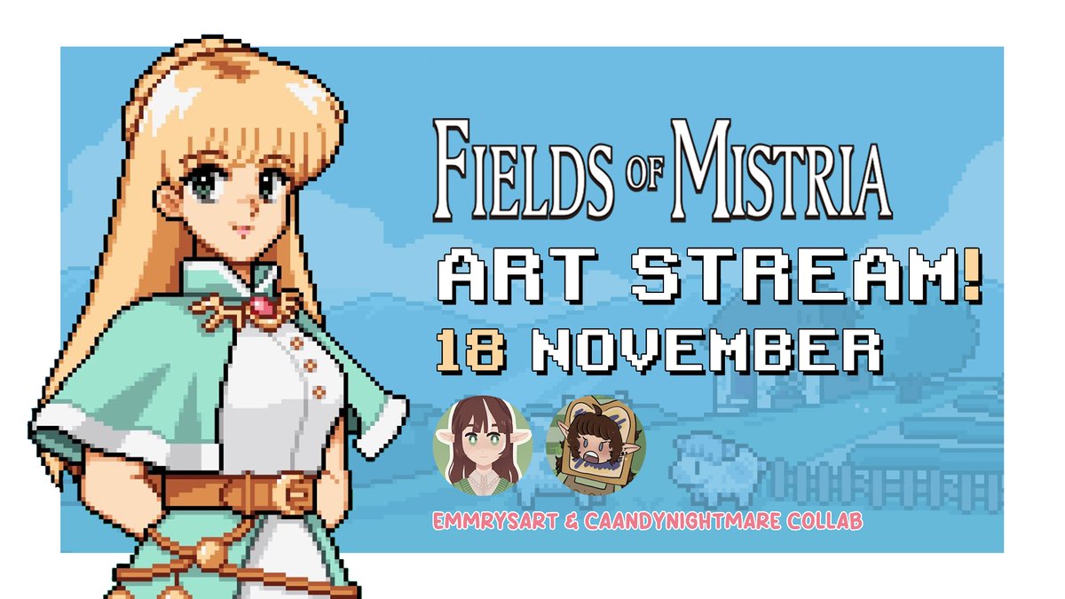 @Samuraic00kie &amp; I will attempt to make a character sprite in the style of Field of Mystria to celebrate the first big update of the game! ✨

Join us on monday at 15:00 CET on Twitch!

[#FieldsofMistria]