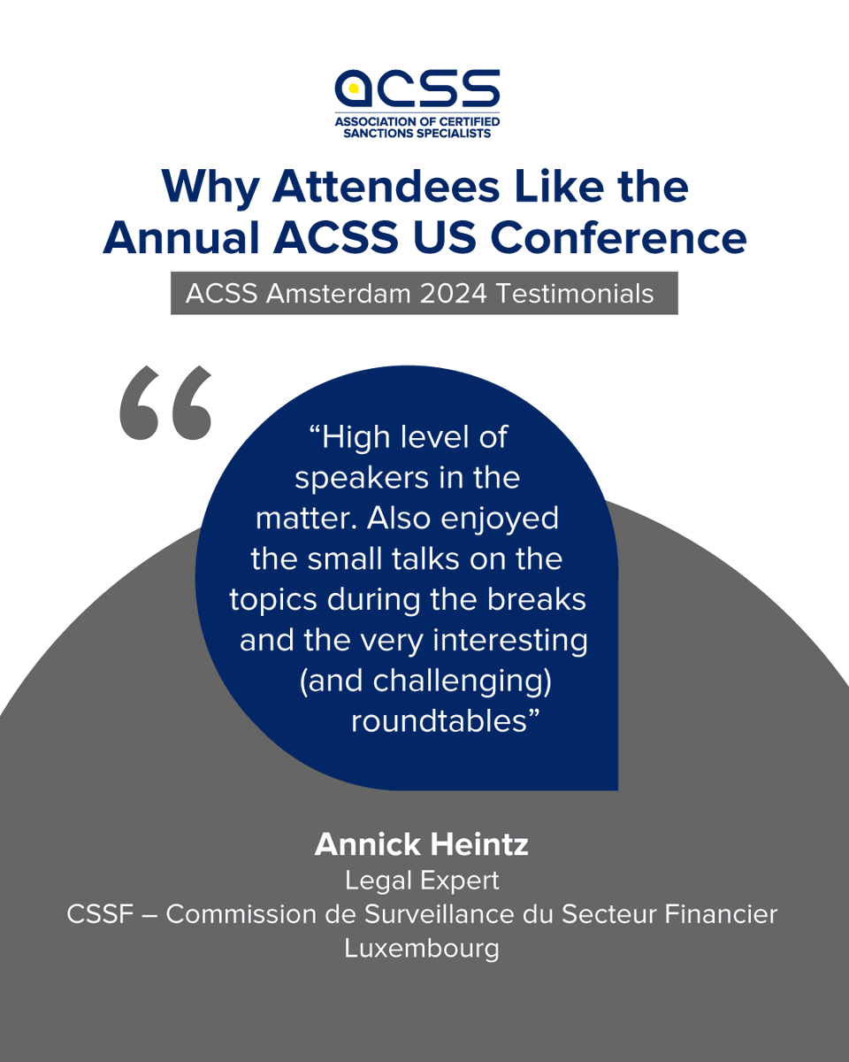 ACSS_Sanctions's tweet image. Hear what attendees love about our ACSS conferences!

Stay tuned for upcoming ACSS events! Follow us to be the first to know about our next conferences and educational opportunities.

Learn more: sanctionsassociation.org

#ACSSConference #SanctionsCompliance #ExportControls