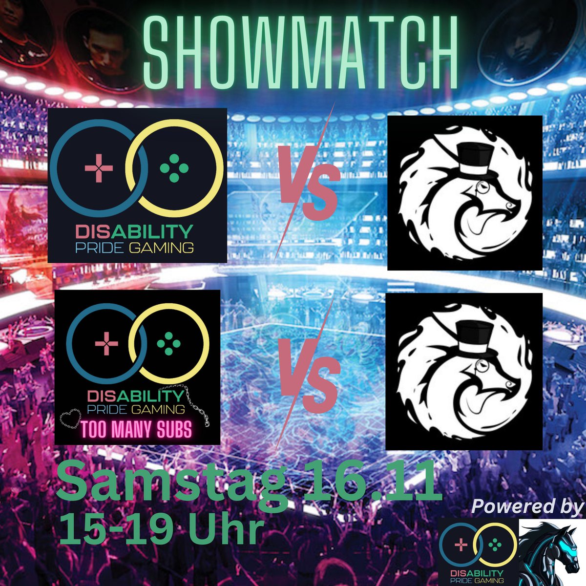 Disability Pride Gaming e.V. (@disabilitygame) on Twitter photo Tournament wird verschoben!
Dafür wird das nächste noch besser!
Aber das hält uns nicht davon ab einen Banger für euch am Samstag zu haben!
Samstag haben wir zwei Showmatches für euch
DPG Mixed und too many subs treten gegen <a href="/ryumaesports/">RYUMA ESPORTS</a> Rentner an!
1/2 Tournament wird verschoben!
Dafür wird das nächste noch besser!
Aber das hält uns nicht davon ab einen Banger für euch am Samstag zu haben!
Samstag haben wir zwei Showmatches für euch
DPG Mixed und too many subs treten gegen <a href="/ryumaesports/">RYUMA ESPORTS</a> Rentner an!
1/2