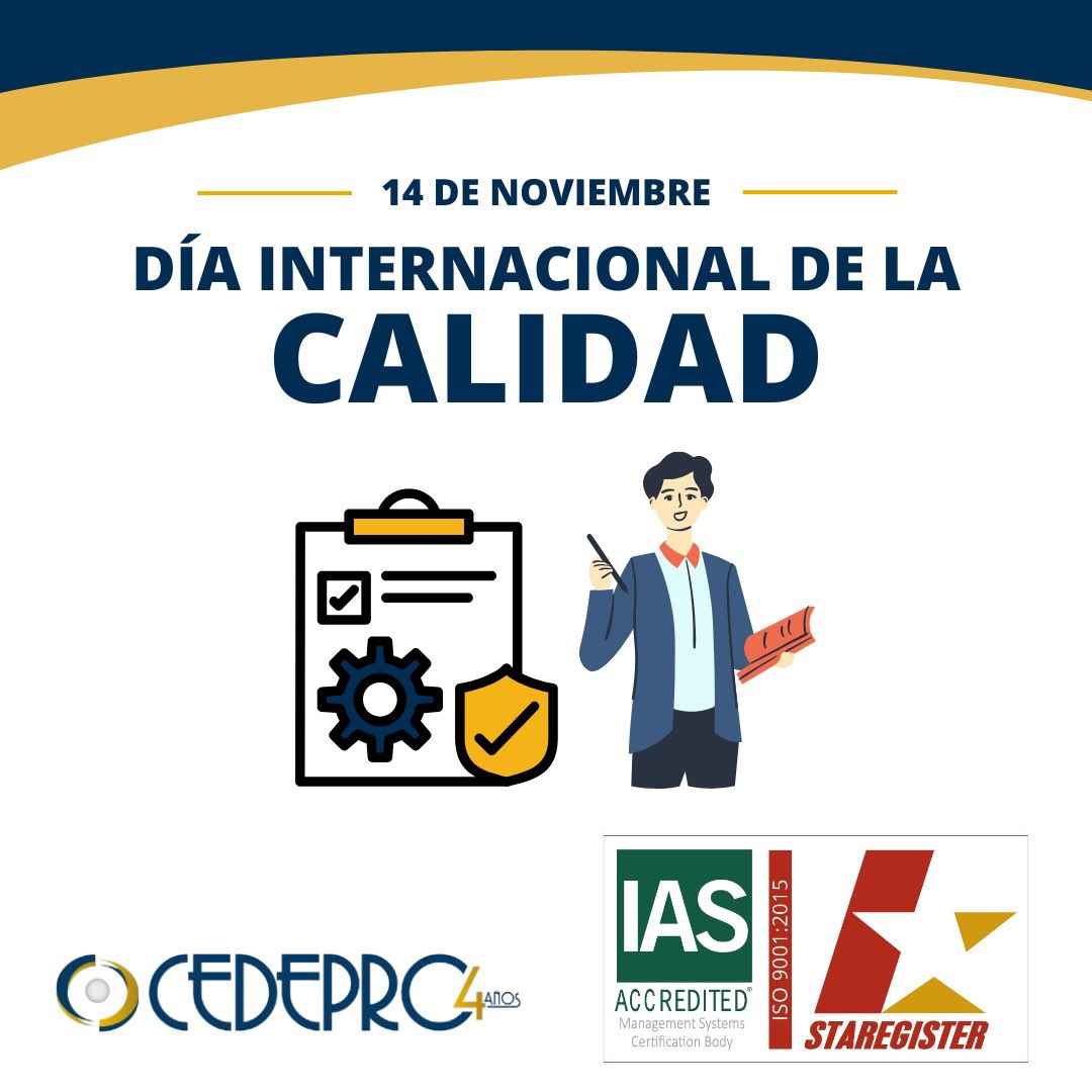 CedeproEcuador's tweet photo. ¡En el Día Internacional de la Calidad, nos enorgullece compartir una gran noticia!🌟

CEDEPRO ECUADOR, ha obtenido la certificación ISO 9001:2015, un reconocimiento internacional a nuestro compromiso con la excelencia en la gestión de calidad.✅📚

#DíaInternacionalDeLaCalidad https://t.co/4OY3AF8M6A