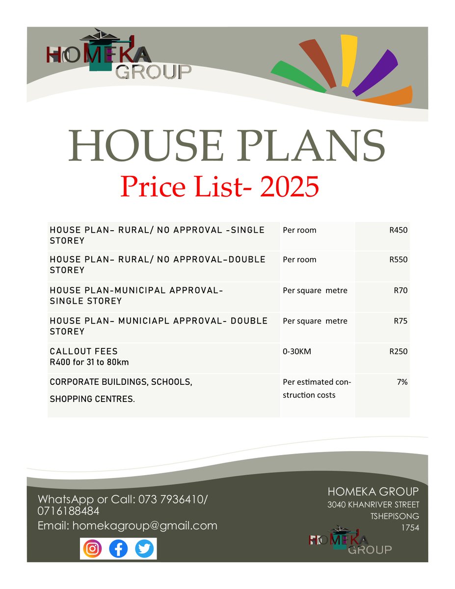 Our 2025 PriceList is here. Please take advantage of 2024 prices before the end of the year. #HomekaGroup #HousePlans #2025PriceList

Cyan Kelly Khumalo Zama Zamas Lucas Radebe HPCSA North West Longwe MacG Lucas Radebe Benni McCarthy Fourways South Africans Samkele Lesego Malema