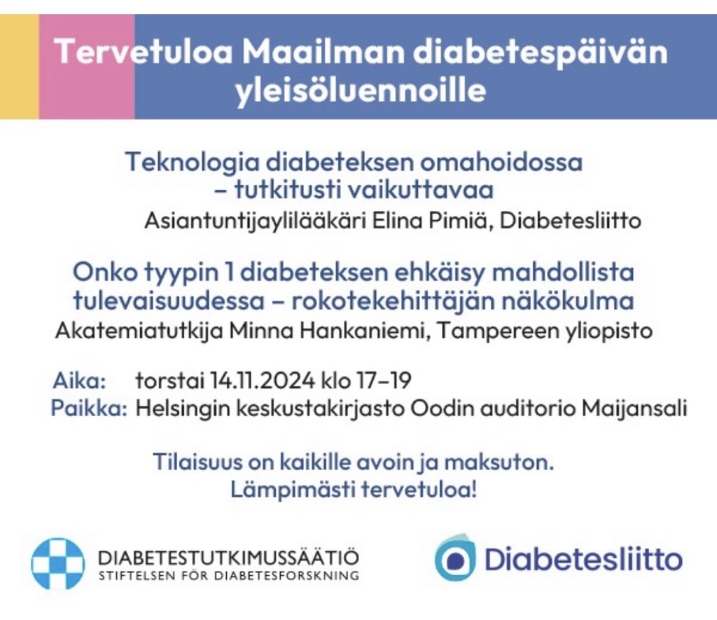 Mitä teet tänään illalla? Tule Hgin keskuskirjasto Oodiin 14.11. klo 17-19 kuuntelemaan diabetestutkimuksen ajankohtaisimmat asiat.

#diabetesfi #tutkimus