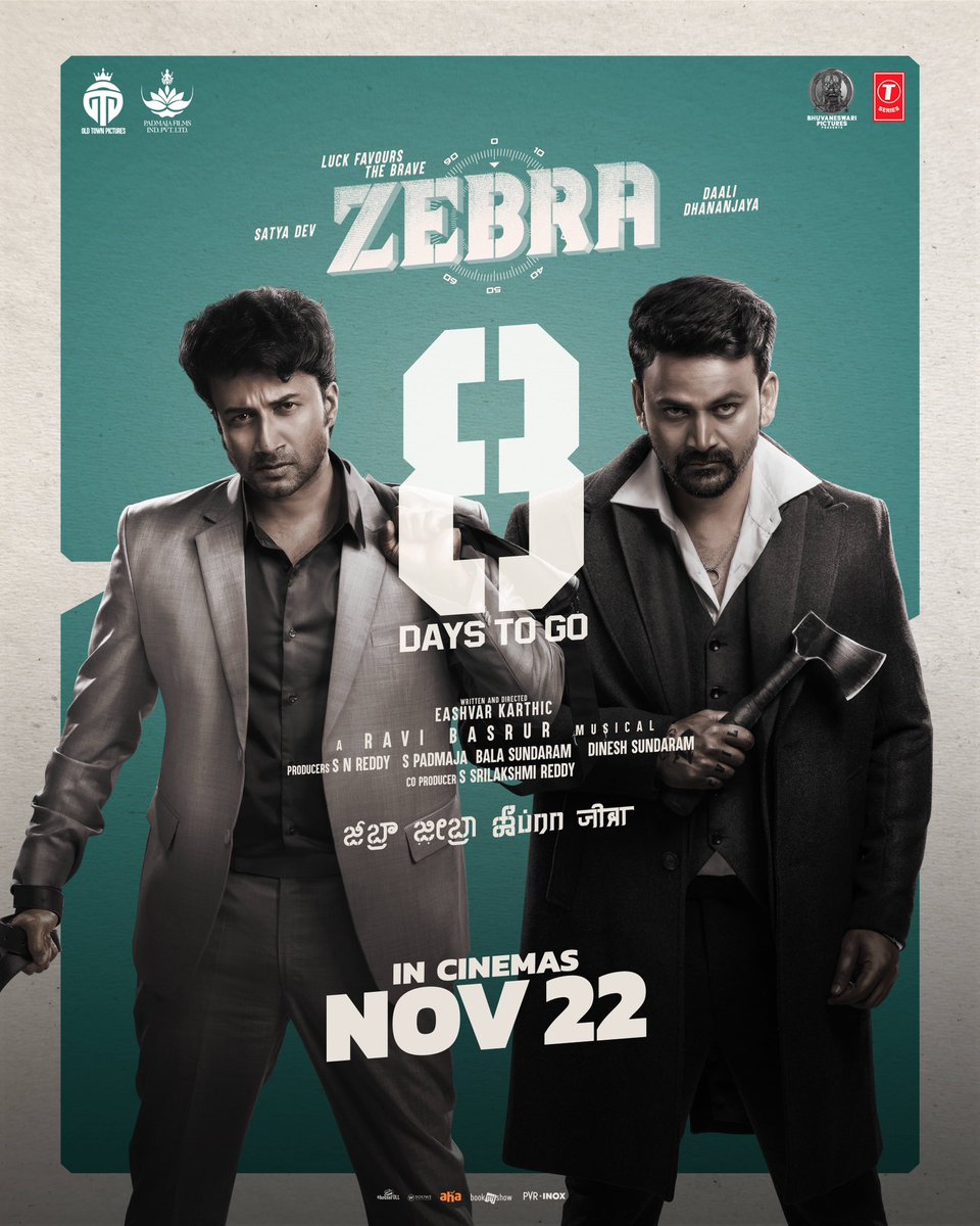 Dhananjaya (@dhananjayaka) on Twitter photo In 8 DAYS, get ready to experience a rollercoaster of action, thrill & a fantastic face-off! 🔥
#ZebraTrailer👉 bit.ly/ZEBRATrailer
In Cinemas #ZebraonNov22nd 💥
#Zebra <a href="/ActorSatyaDev/">Satya Dev</a> #EashvarKarthic <a href="/SNReddy09/">S N Reddy</a> <a href="/amrutha_iyengar/">Amrutha Iyengar</a> <a href="/RaviBasrur/">Ravi Basrur</a> @padmajafilms2 <a href="/priya_Bshankar/">Priya BhavaniShankar</a> In 8 DAYS, get ready to experience a rollercoaster of action, thrill & a fantastic face-off! 🔥
#ZebraTrailer👉 bit.ly/ZEBRATrailer
In Cinemas #ZebraonNov22nd 💥
#Zebra <a href="/ActorSatyaDev/">Satya Dev</a> #EashvarKarthic <a href="/SNReddy09/">S N Reddy</a> <a href="/amrutha_iyengar/">Amrutha Iyengar</a> <a href="/RaviBasrur/">Ravi Basrur</a> @padmajafilms2 <a href="/priya_Bshankar/">Priya BhavaniShankar</a>