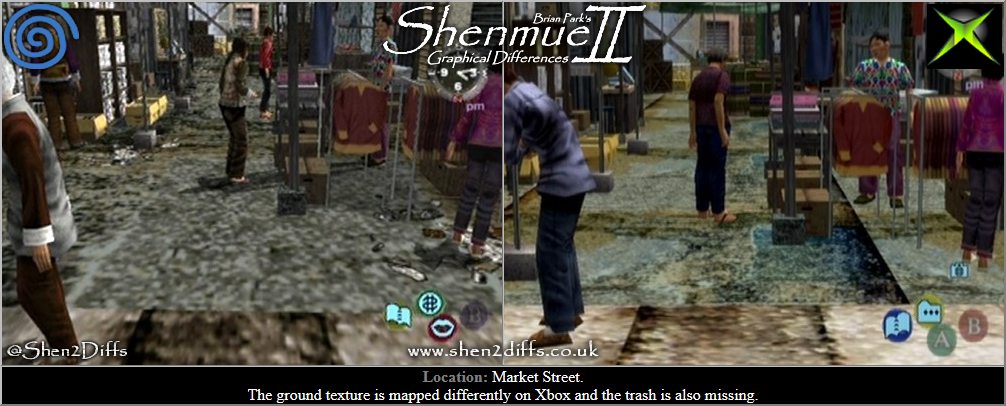 Shen2Diffs's tweet photo. #Shen2DiffsUpgrade White Dynasty Qr. The ground texture on Market Street is mapped differently on Xbox and the trash is also missing. https://t.co/xrGiFtjCya #Shen2Diffs #Shenmue #Shenmue2 #LetsGetShenmue4 https://t.co/VlfpHulElF