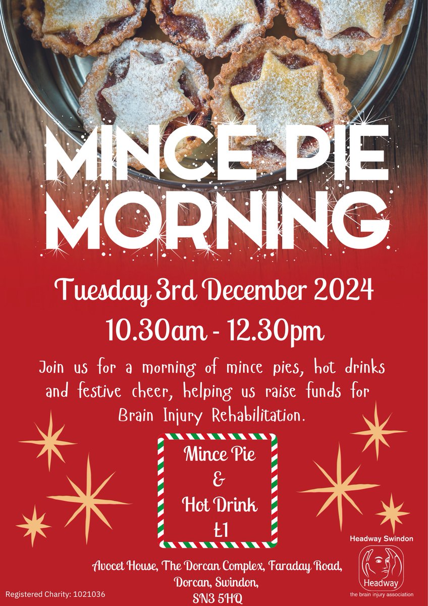 🎄Join Us for a Mince Pie Morning! 🎄

Enjoy a delicious mince pie and a hot drink and help support Headway Swindon! We're hosting a Mince Pie Morning to raise funds for Brain Injury Rehabilitation.
Bring along your friends and family and spread some festive cheer! 🎅