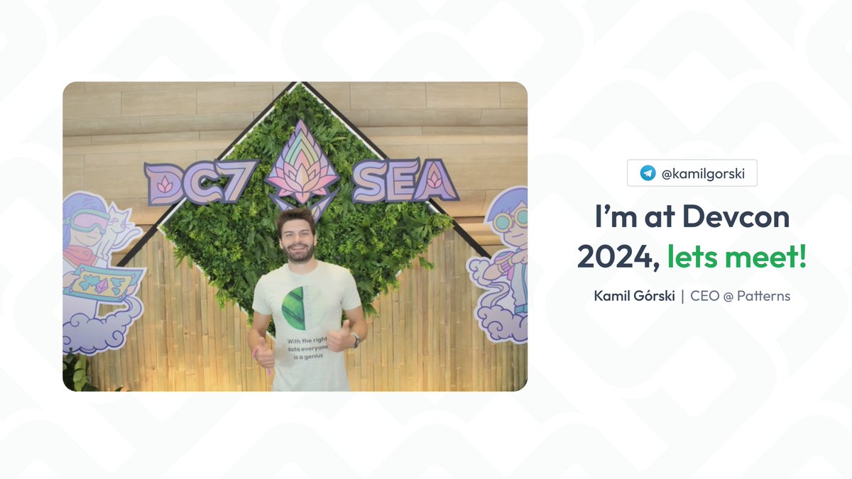 Patterns | Formerly: Tokenguard (@patterns_build) on Twitter photo If you’re at Devcon 2024, reach out to Kamil, our co-founder & CEO, to discuss improving your DeFi & dApp user acquisition!
Kamil can advise on implementing ERC-4337 standard, Paymaster mechanisms as well as user segment rewarding strategies 🔥 tg: <a href="/kamilgorski/">Kamil Górski</a>
#Devcon2024 If you’re at Devcon 2024, reach out to Kamil, our co-founder & CEO, to discuss improving your DeFi & dApp user acquisition!
Kamil can advise on implementing ERC-4337 standard, Paymaster mechanisms as well as user segment rewarding strategies 🔥 tg: <a href="/kamilgorski/">Kamil Górski</a>
#Devcon2024