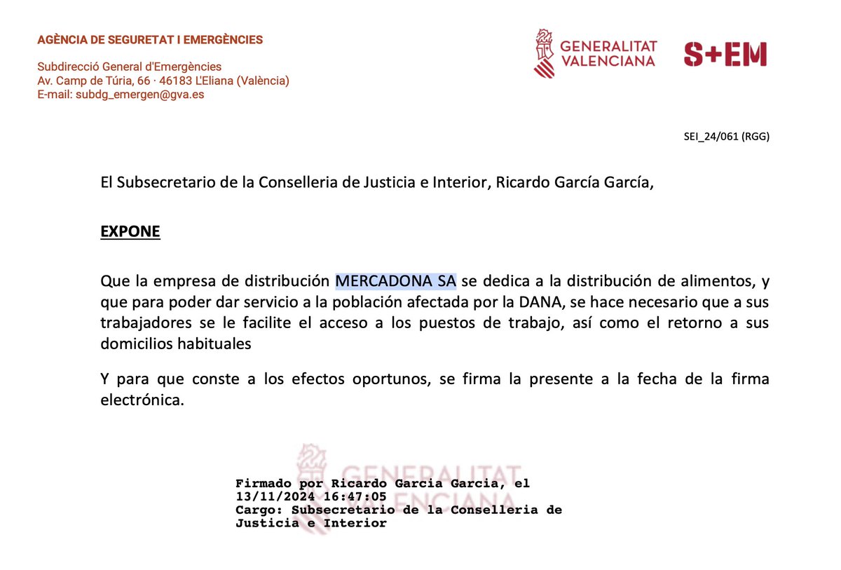 Ruiz_Noticias's tweet photo. La Generalitat de Mazón emite salvoconductos para que trabajen los empleados de los supermercados Mercadona, Consum, Lidl o Aldi pese a la alerta roja 
–Los permisos contradicen la ley nacional
–Los supermercados dicen que no reparten
–Trabajo denunciará

https://t.co/lj8kKulObT https://t.co/YowPzhiwCj