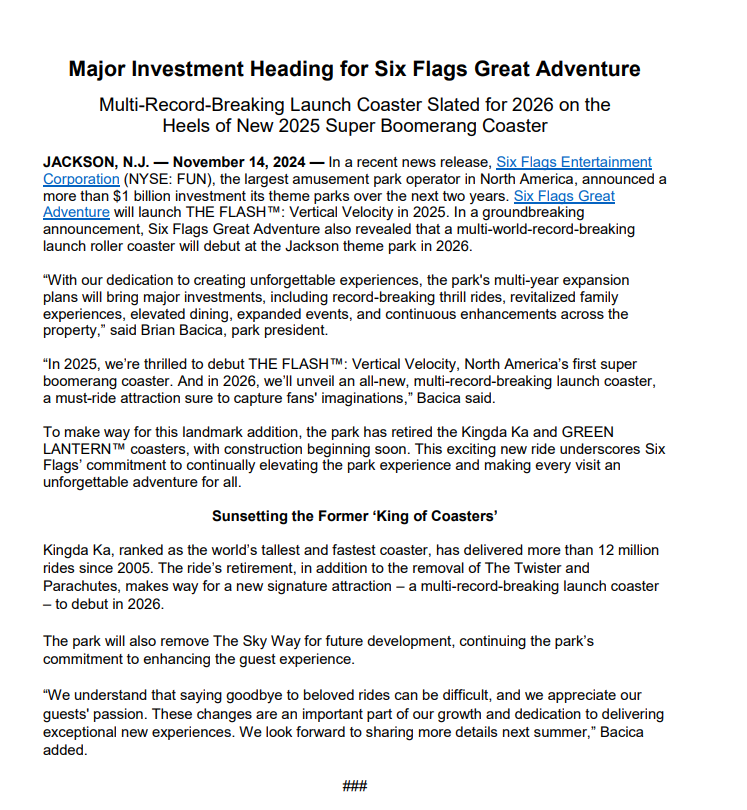 Bogs4NY's tweet photo. Six Flags Great Adventure pulls the plug on Kingda Ka and Green Lantern ... will launch "The Flash" in 2025 and what it describes as "a multi-world-record-breaking launch roller coaster" debuting in 2026 #nbc4ny https://t.co/XmV8wzChK8