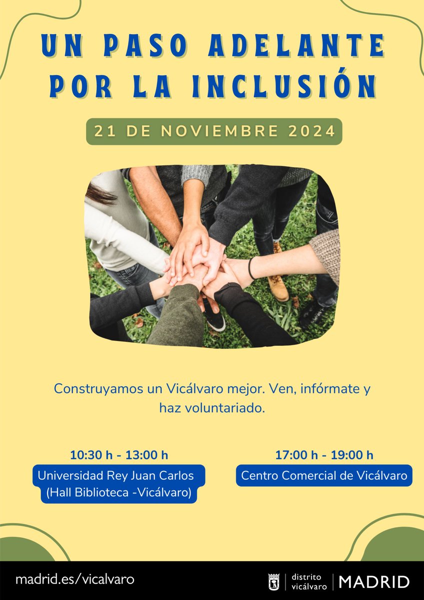 🌍✨ ¡Un paso adelante por la #inclusión! ✨🌍

Este 21 NOV estaremos en la #URJC Vicálvaro (mañana) y en el Centro Comercial de #Vicálvaro (tarde) para contarte sobre el #voluntariado 🌱❤️.

Acompáñanos con <a href="/AMIVICALVARO/">AMIVI</a>  y @Creandoinclusio  🧡💙. ¡Haz que tu tiempo cuente! 💖🙌