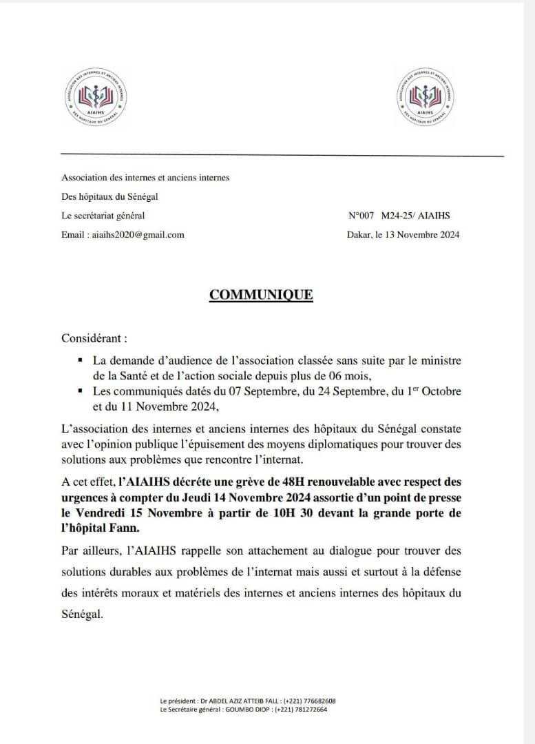 L'AIAIHS  décrète 48H de grève renouvelables avec respect des urgences à compter de ce Jeudi. 
Nous exhortons les autorités de la tutelle <a href="/santegouv_sn/">Ministère de la Santé et de l'Hygiène publique</a>  à prendre toutes les dispositions pour résoudre définitivement ces problèmes.
