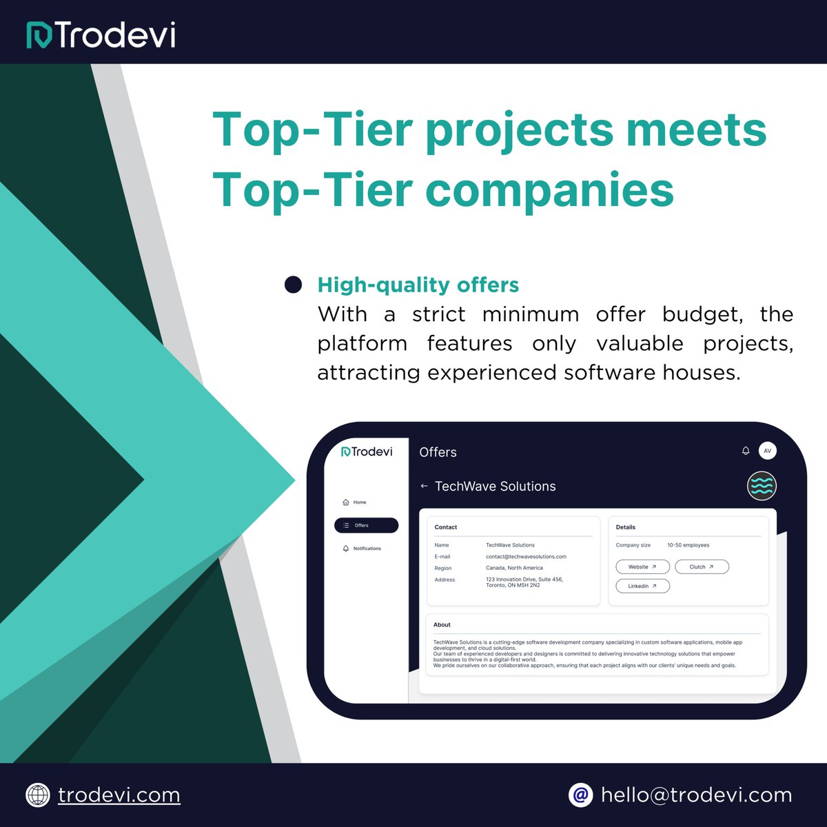 Elevate your projects, elevate your partnerships.

Trodevi connects top-tier companies with experienced software houses. With a strict minimum offer budget, we ensure only high-quality projects make it to the platform.

#trodevi #softwaredevelopment #freelance #projects