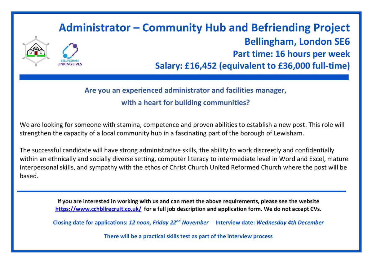 Our friends at Christ Church URC are recruiting for a part time administrator - please pass on to anyone who may be interested!  (You don't have to be a churchgoer to apply!) #SE6 #jobopportunity #bellingham