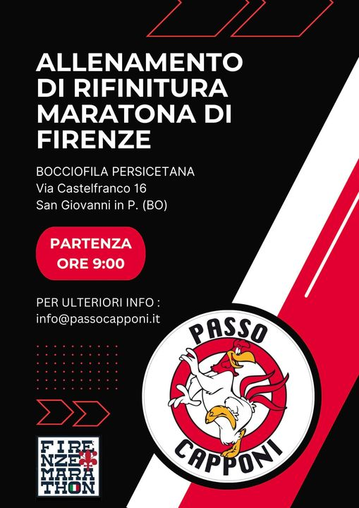 PassoCapponi's tweet photo. -10...
Inizia oggi il countdown per la @FirenzeMarathon 
Domani chiudiamo la "lista" per richiedere il ritiro pettorale e pacco gara
Domenica 17 allenamento di rifinitura "EL CLÀSICO" Giro dell'Oppio, 4 percorsi (8,5-10-11,5-14 km)
Ritrovo: Bocciofila Persicetana
Partenza: ore 9 https://t.co/8NsXqRmOVO