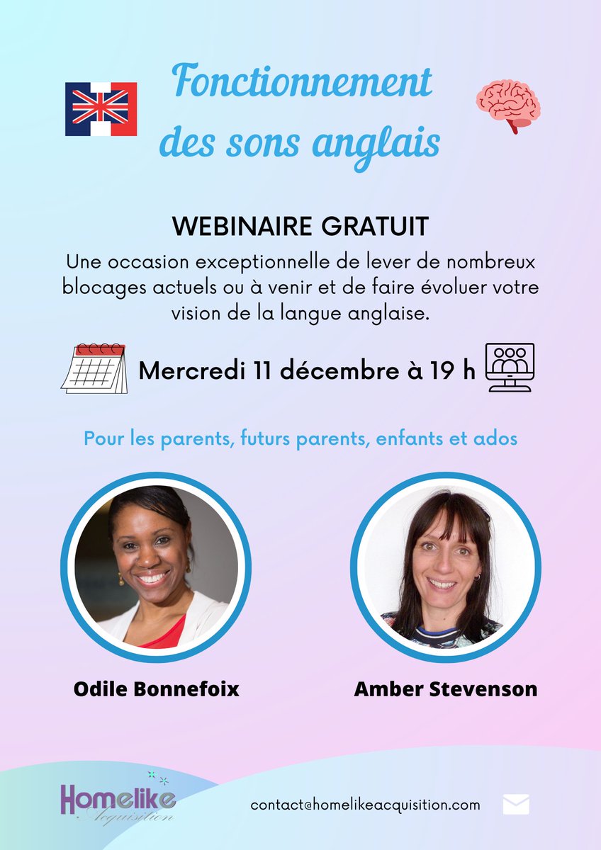_Homelike's tweet image. Combien de personnes autour de vous (enfants, ados adultes) s’expriment avec aisance en anglais ?
Participer à un webinaire gratuit pour « Comprendre le fonctionnement des sons anglais » et lever les blocages : form.jotform.com/243124458769062 N’hésitez pas à en parler autour de vous 🙂