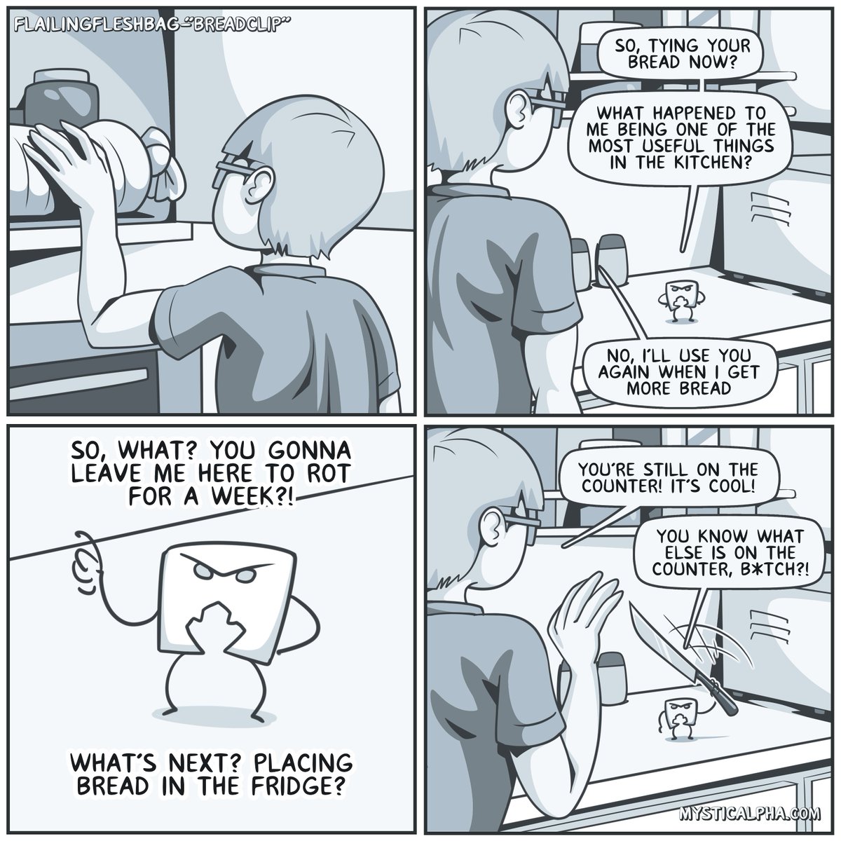 mysticalpha's tweet photo. Okay, which one of you jokers places their bread in the fridge? #flailingfleshbag #comic #webcomics #breadclip https://t.co/pWPymuzTt5