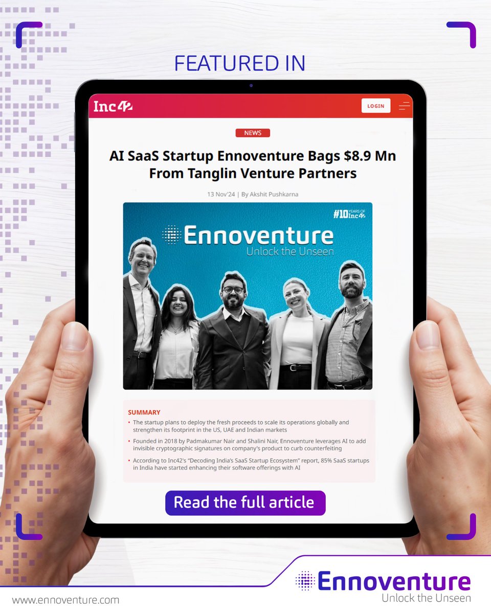 ennoventure's tweet photo. As the media features continue on our recent Series A funding round, here’s another one on @Inc42 among other key media publications. We’re absolutely thrilled! Thank you!
Read the full coverage on Inc42 here: https://t.co/qeoWPTu2bY
#Ennoventure #TanglinVenturePartners #Inc42 https://t.co/3XjAqnRJKU