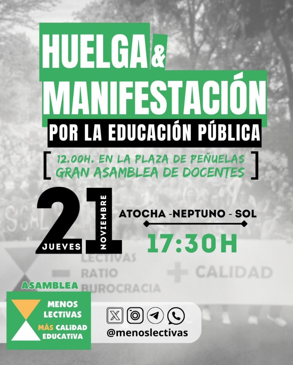 El jueves 28 de noviembre participaré en esta jornada de <a href="/Menoslectivas/">Asamblea Menos Lectivas #SalvemosLaPública</a> en Madrid, que ha organizado también huelga y manifestación por la educación pública el próximo jueves 21. Dejo aquí los dos carteles para que os guardéis las fechas.