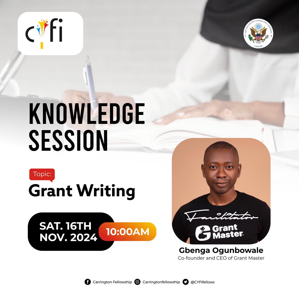 CYFIfellows's tweet photo. This week’s Knowledge session will be on Grant writing with Gbenga Ogunbowale @gbengaogun , Co-founder/CEO of Grant Master @Grantmaster_xyz . 

This session is tailored to equip you with the skills needed to craft compelling grant proposals and secure funding opportunities. https://t.co/IMsD8FrbgJ