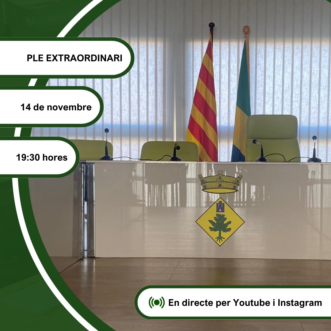 👉 Us informem de la celebració del Ple Extraordinari a la sala de plens de l'Ajuntament avui dijous 14 de novembre a les 19:30h.

👉 Podeu seguir el Ple presencialment o en directe: youtube.com/@ajuntamentllo…

👉Instagram: instagram.com/ajuntamentllor…

#LlorençdelPenedès #informació