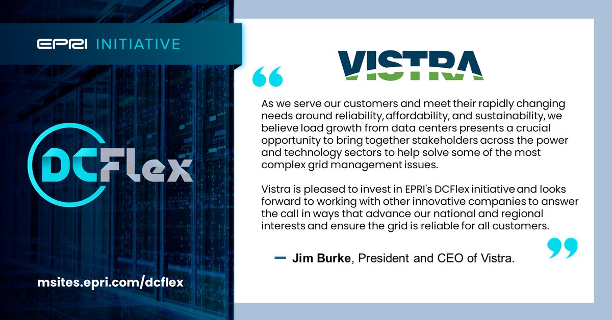EPRI welcomes <a href="/VistraCorp/">Vistra</a> as one of the 20-plus founding members of the new DC Flex Initiative. #DCFlex will explore how data centers can support the electric grid, enable better asset utilization, and support the clean energy transition. For more information, visit