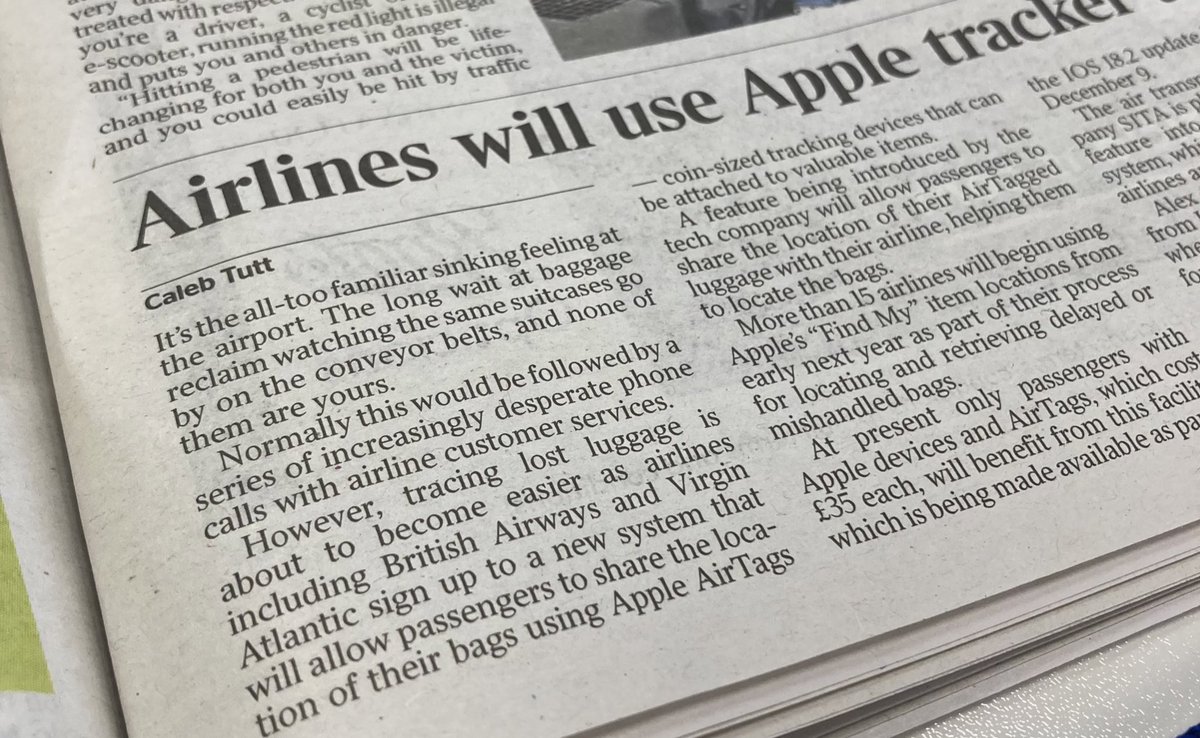 I’ve got an article in <a href="/thetimes/">The Times and The Sunday Times</a> today about airlines partnering with Apple to better track lost luggage ✈️ 🧳. It’s been snagged for print, so you can find it in todays paper and e-paper 🗞️.