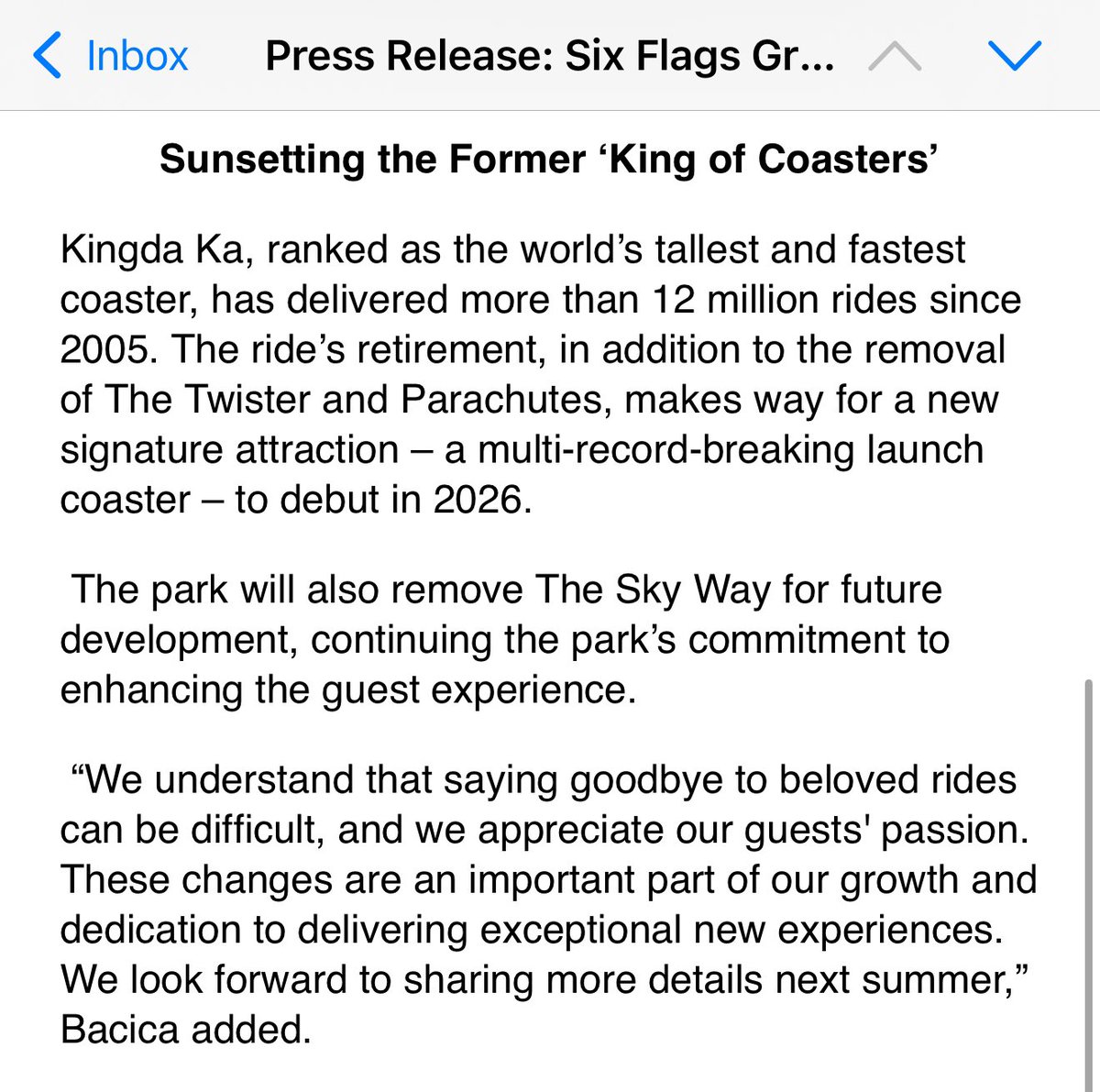 ElToroRyan's tweet image. Six Flags Great Adventure has announced the retirement of Kingda Ka. The ride’s removal alongside the removal of the Twister and Parachutes will make way for a multi-record breaking launch coaster to debut in 2026.
