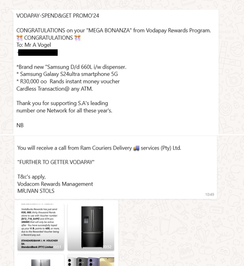 AlwinVogel's tweet photo. @SAPoliceService I would like to report a case of attempted fraud. A guy called me and said he was from Vodapay and I've won prizes. I just have to load a voucher and he'll deliver the prizes. He called me on 072 252 5350 and his whatsapp number is 076 582 4261. Please check if the number was RICAd. Chats below. RICA should give you his personal details. Please keep me updated on progress. So many people would fall for this.