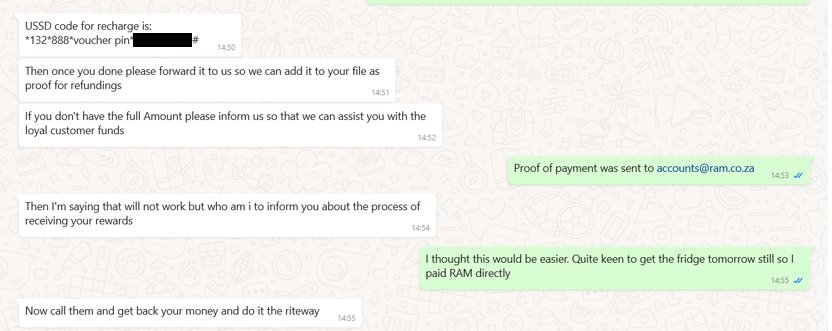 AlwinVogel's tweet photo. @SAPoliceService I would like to report a case of attempted fraud. A guy called me and said he was from Vodapay and I've won prizes. I just have to load a voucher and he'll deliver the prizes. He called me on 072 252 5350 and his whatsapp number is 076 582 4261. Please check if the number was RICAd. Chats below. RICA should give you his personal details. Please keep me updated on progress. So many people would fall for this.