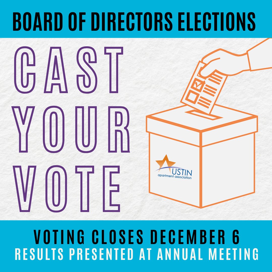 📣 The 2025 AAA Board Elections are here! 📷 

Make your voice heard and cast your vote to shape our leadership for the year ahead. 📷 

Visit our website for details [austinaptassoc.com/board-election], and submit your ballot by December 6 at 5:00 p.m.